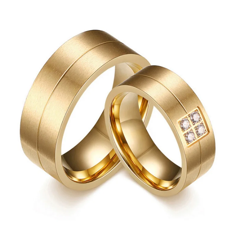 Alliance Ring for Women Men Gold Color Matte Stainless Steel Wedding Ring Lover Zirconia Couple Engagement Wedding Band Jewelry