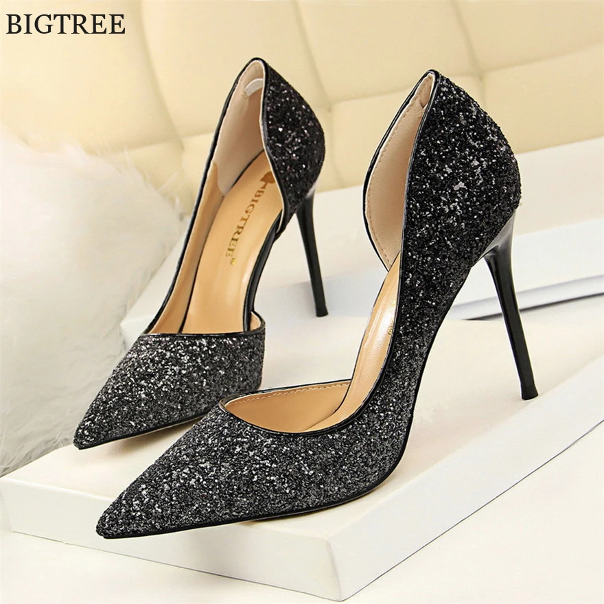 

2019 New Show Thin Sexy Side Cut-Outs Dress Shoes Women Pump Fashion Sequined Cloth Shallow Women's High Heels Shoes Pointed Toe