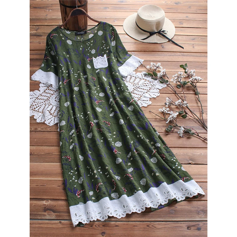 

Plus Size Women Casual Linen Summer Lace Floral T shirt Dress Elegant Short Sleeve Ladies Flower Sundress Boho Cotton Clothes