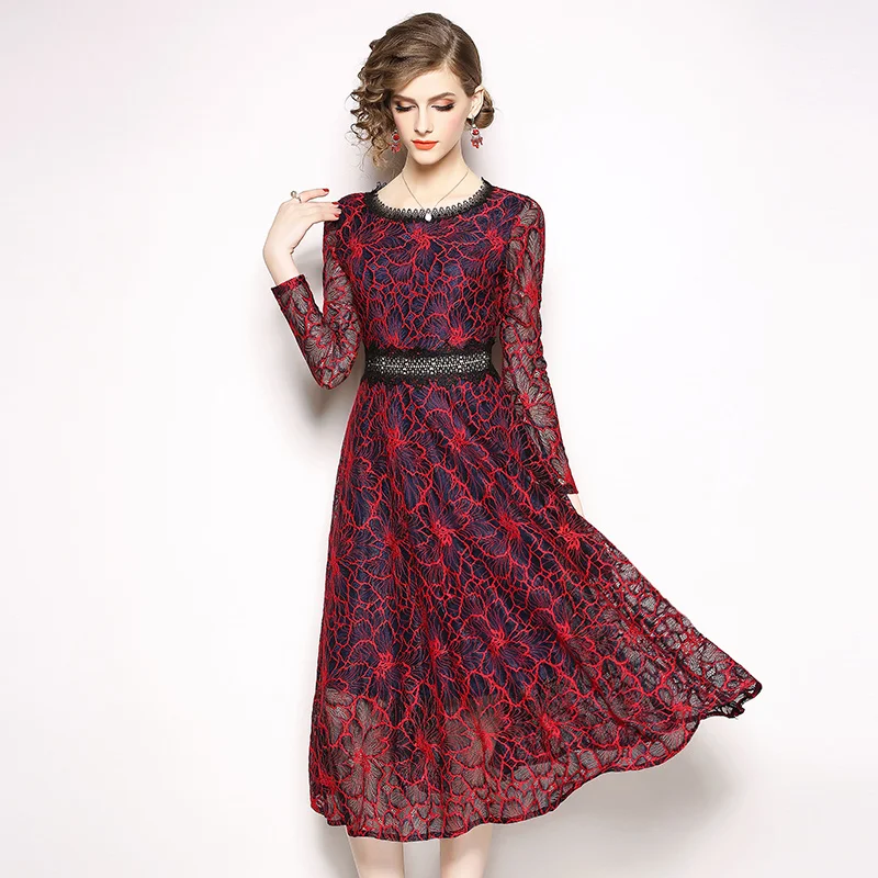 Autumn Women Midi Blue Red Lace Dress Vestidos Mujer 2021 Robe Femme Ladies Work Office Party Roupas Feminina | Женская одежда