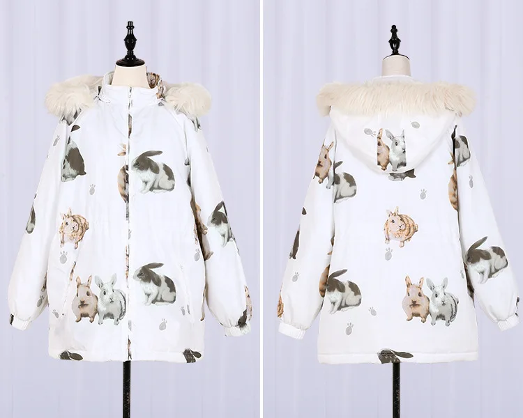 Снежный кролик, винтажная Милая Женская парка, пальто, зимняя теплая верхняя одежда Лолиты, куртка с меховой отделкой, шапка