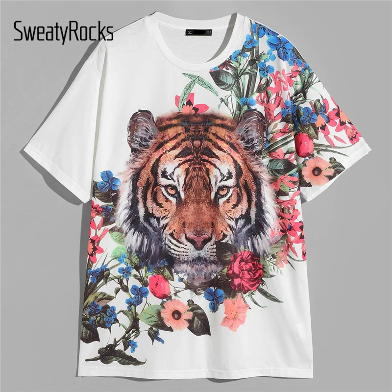 

SweatyRocks Men Tiger and Flower T-shirt Streetwear Mens T-shirts Fashion Clothing 2019 Summer Casual Male Tees And Tops