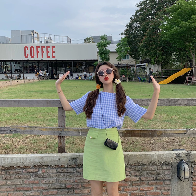 

2019 summer korean style plaid short sleeve loose blouses womens shirts women tops (R77701)