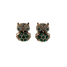 Wholesale Women Green Owl Earring New Fashion Cute Rhinestone Stud Earrings Vintage Accessories