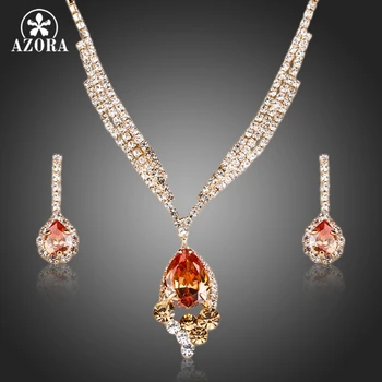 

AZORA Gold Color Champagne Cubic Zirconia Pendant Necklace and Drop Earrings Jewelry Sets TG0163