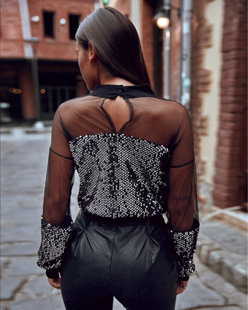 

2019 Sexy Gauze Sequined Patchwork Women Tops O-Neck Long Sleeve Blouse New Summer See-through Blusas