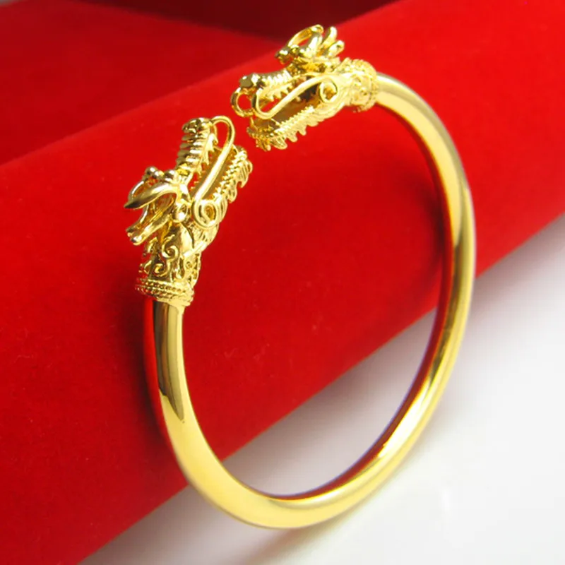 

Double Dragon Head Smooth Cuff Bangle for Men Women Yellow Gold Filled Charm Bangle Bracelet High Quality Jewelry
