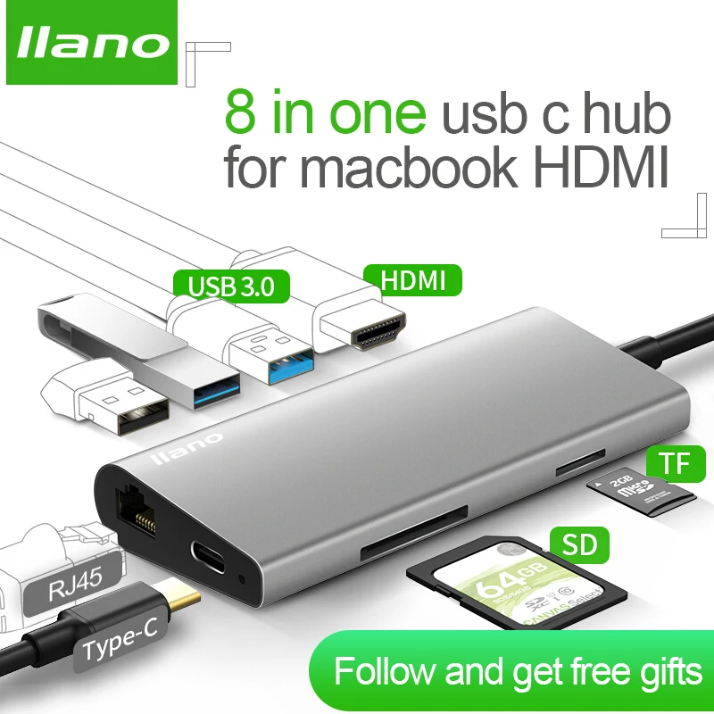 Llano USB docking Estación de todo-en-uno USB-C a HDMI lector de tarjeta RJ45 PD adaptador para MacBook Samsung galaxy S9/S8/S8 + tipo C HUB - 1