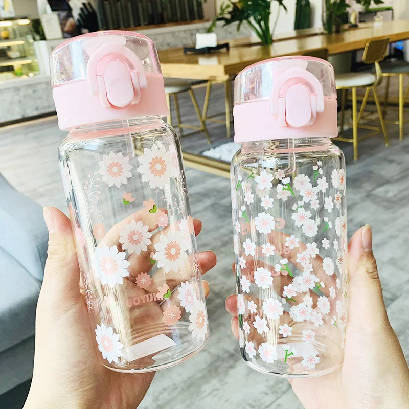 

Glass Water Bottle for Cherry Blossom Leakproof for Girl Biking Travel Sports Portable Bounce Cover Bottle Of Water My Bottle