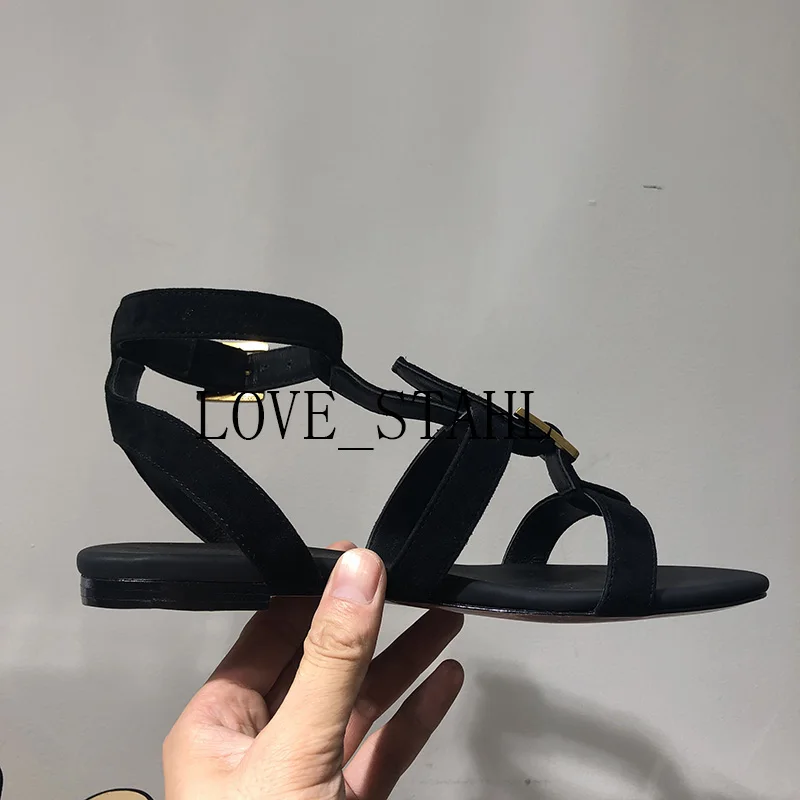 

2019 LKDY women top quality Luxury leather stitching sheep suede flat sandals metal buckle slippers Roman sandal
