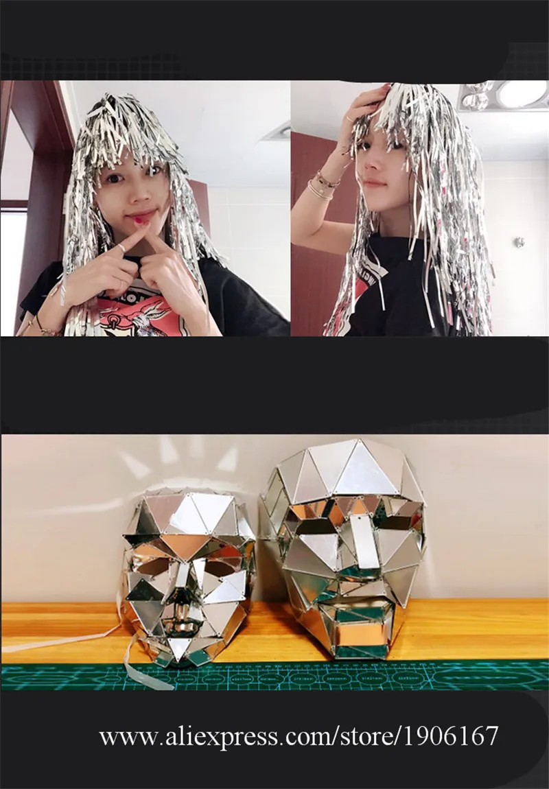 Hand sewing COS nightclub ds performance art set silver mirror face clothes irregular lens stitching dress1