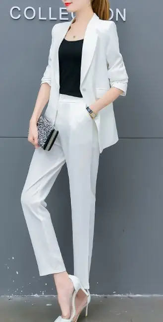 Женские офисные костюмы осень Новые OL досуг брюки из двух частей комплект одежды Блейзер Топ куртка брюки однотонная одежда корейская мода