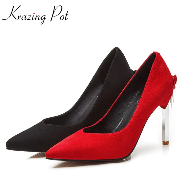 

Krazing pot new Spring Summer kid suede hollywood super thin high heels pointed toe shallow office sexy lady party pumps L1f9