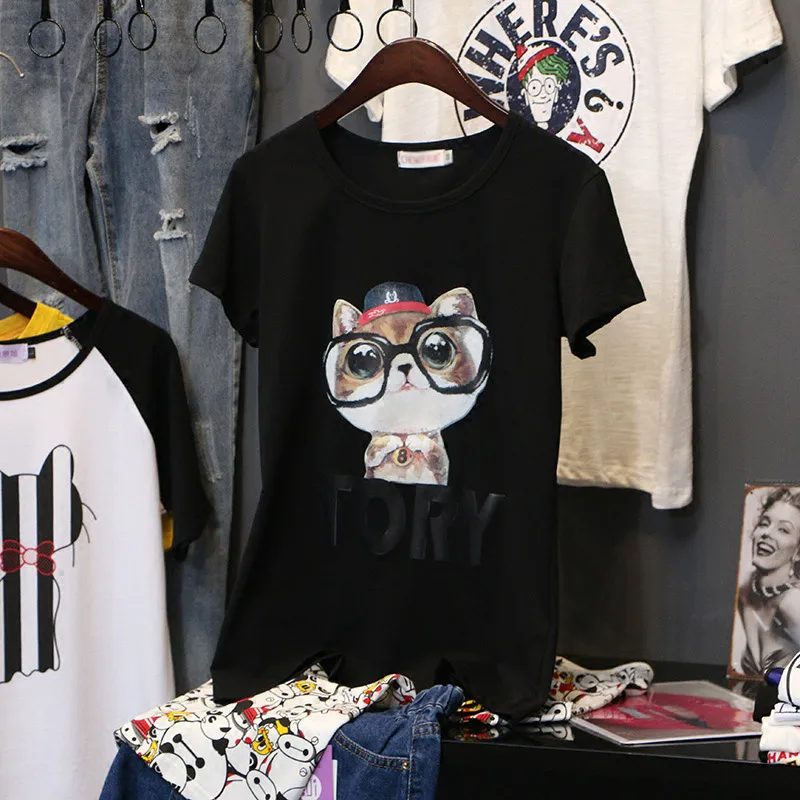 

Cartoon Print Pure Cotton T-Shirt Women Cute cat Graphic tee Tops 2019 new fashion sunmmer O-neck Short sleeve Pullovers C1091