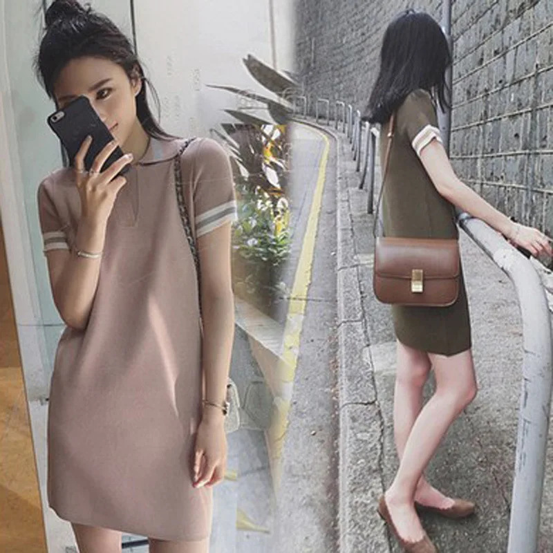 

New summer slim Lapel knitted cuff stripes/dress woman/ elegant dress