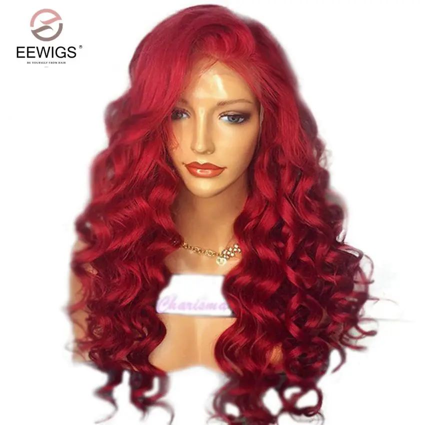 EEWIGS термостойкие синтетические волосы на фронте парик с естественным Hairline 180% Плотность длинный без клея свободные темно-красные парики для женщин