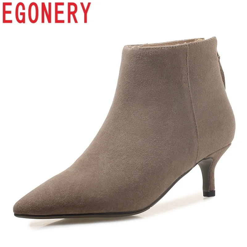 

EGONERY shoes women newest fashion concise cow suede pointed toe med thin heels zipper three colors big size winter ankle boots