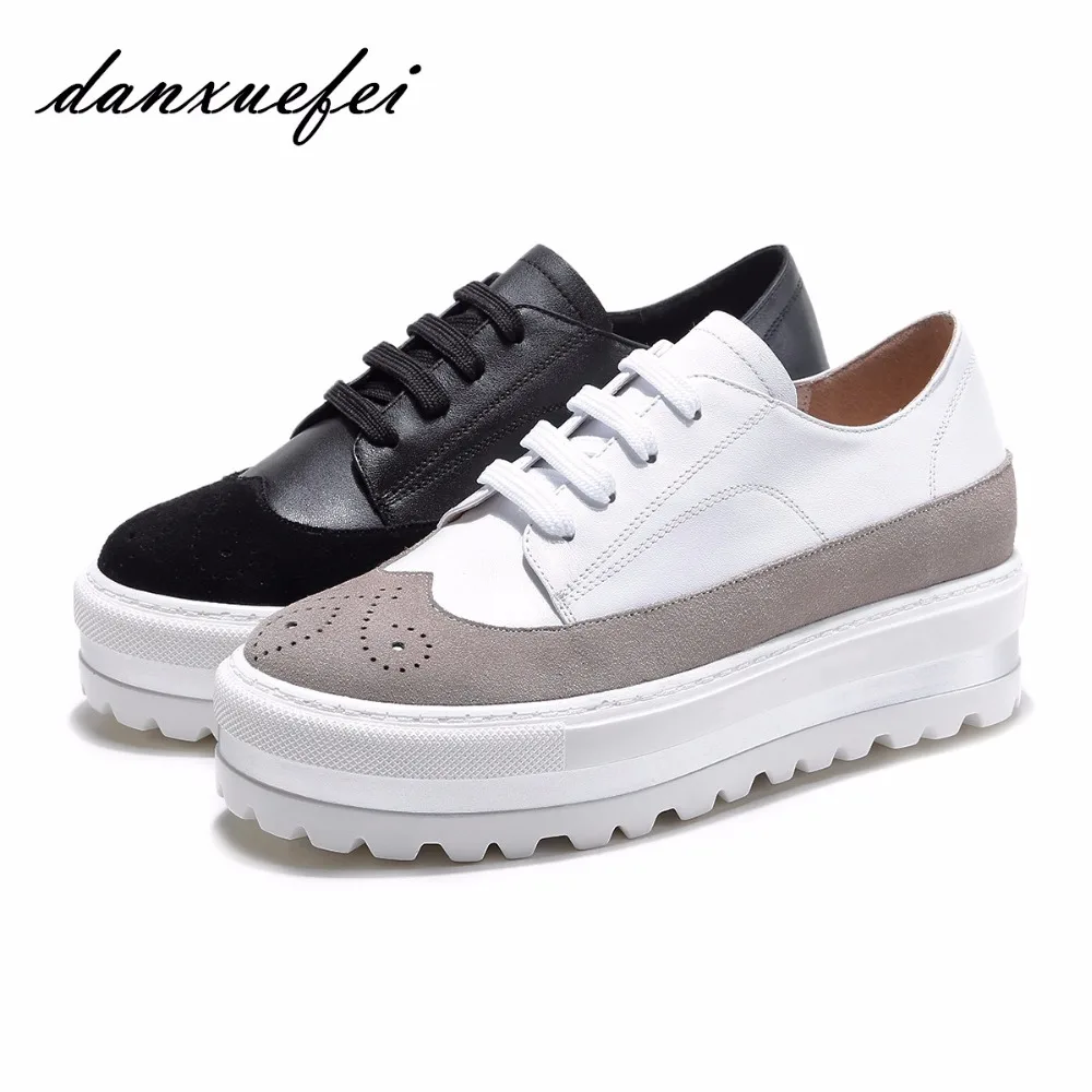 

Women's Genuine Leather Patchwork British Style Carving Lace-up Platform Flats Oxfords Brand Designer Leisure Espadrilles Shoes