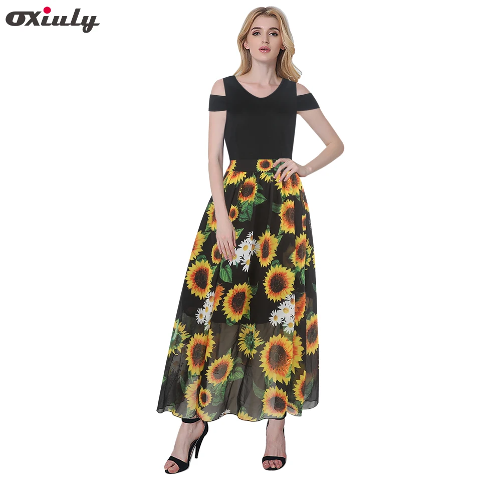 Oxiuly Sunflower Print Patchwork Chiffon Maxi Dresses Strap V Neck