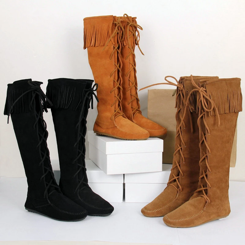 

Designer luxury Women Knee High Boots Suede Leather Fringe Long Motorcycle Booties brand New Casual Shoes Woman England Shoes