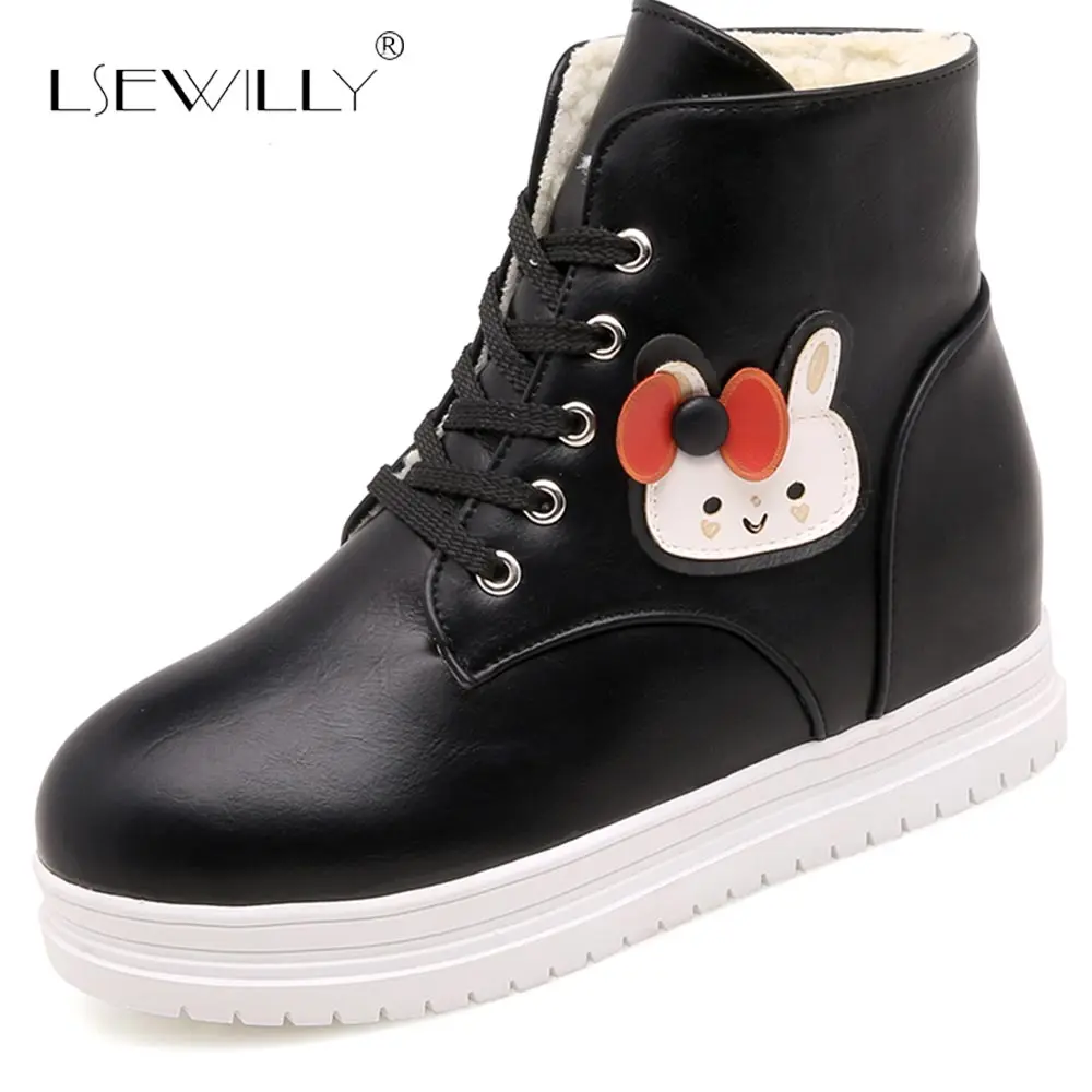 

Lsewilly Cute Lolita Girls Snow Boots 2018 Winter Warm Ankle Boots Animal Prints Cat Hidden Heels Shoes Comfort Black White E127