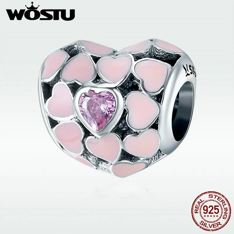 

WOSTU New Fashion 925 Sterling Silver Blooming Pink Crystal Heart Beads fit Charm Bracelet DIY Jewelry Valentine Gift DXC405