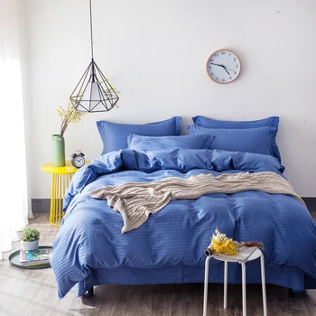 

2019 Cotton Bedlinen blue stripes Bedding sets queen king size Duvet cover pillowcase Flat or Fitted Bedsheet