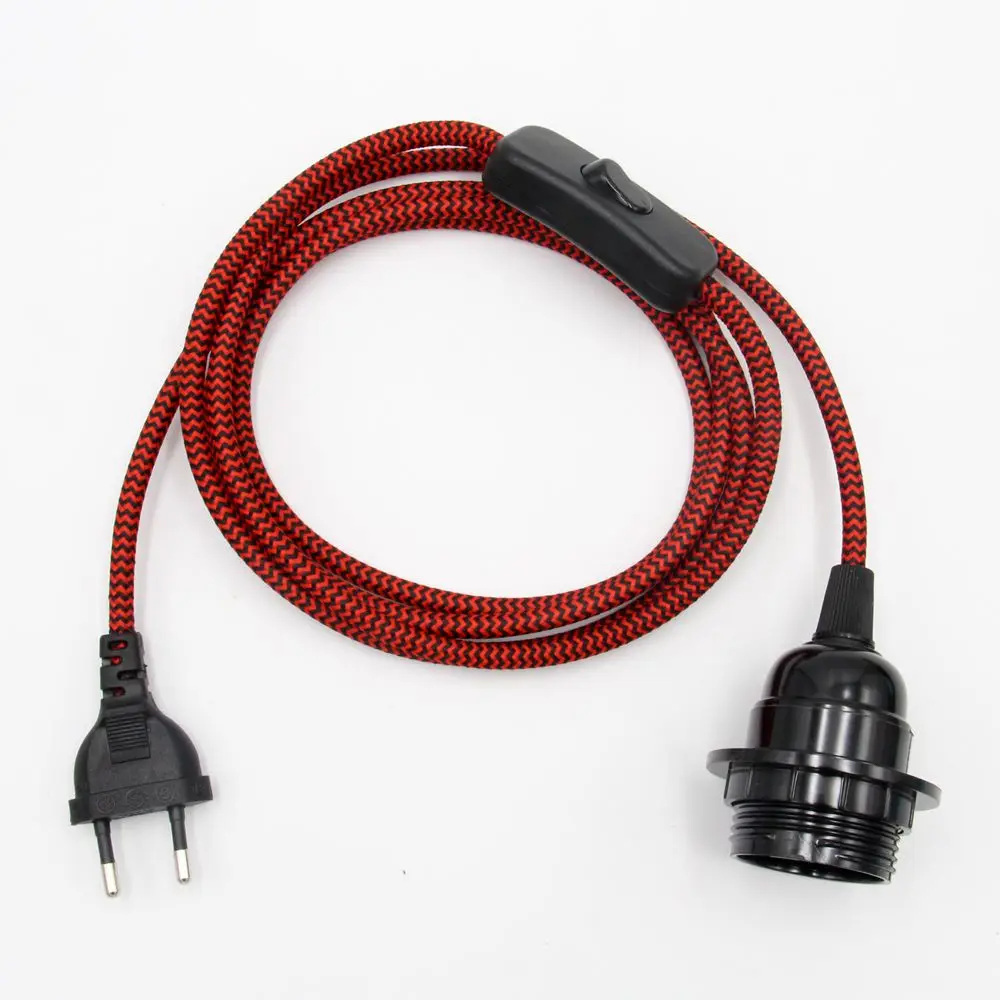 European Plug Power Cord with On/Off Switch and E27 Lamp Holder for Wall or Hanging Light Fixtures, 2m Length