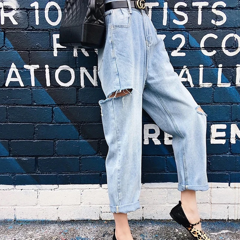 

Street Side Hole Baggy Boyfriend Jeans High Waisted Straight Jeans For Women Vintage Washed Bleached Wide Leg Jeans Denim Pants