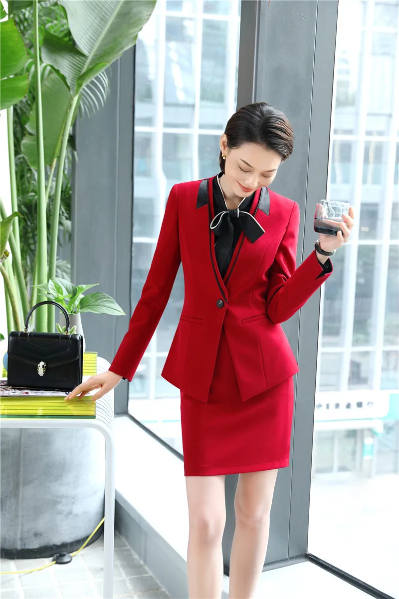 2018 Fashion Casual Red Blazers Suits With Tops And Skirt For Ladies
