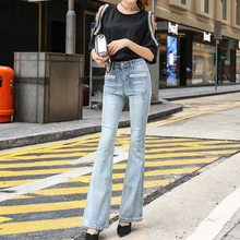 Для женщин джинсы для тонкий женский полной длины мотобрюки Flare хлопок деним джинсы "варенки" регулярные Высокая талия корейский стиль осен