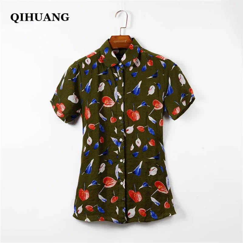 QIHUANG 2018 الصيف المرأة قصيرة الأكمام قميص البلوزات الأزياء المطبوعة بدوره إلى أسفل طوق الإناث البلوزات زائد حجم العمل ارتداء قمصان