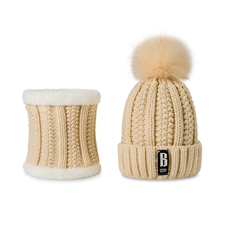 Fashion Pompoms Women Winter Hat Scarf Set Girls Boys Warm Knitted Caps Scarves Men Female Sets 2 Pieces Unisex Hats Scarves - Цвет: Beige