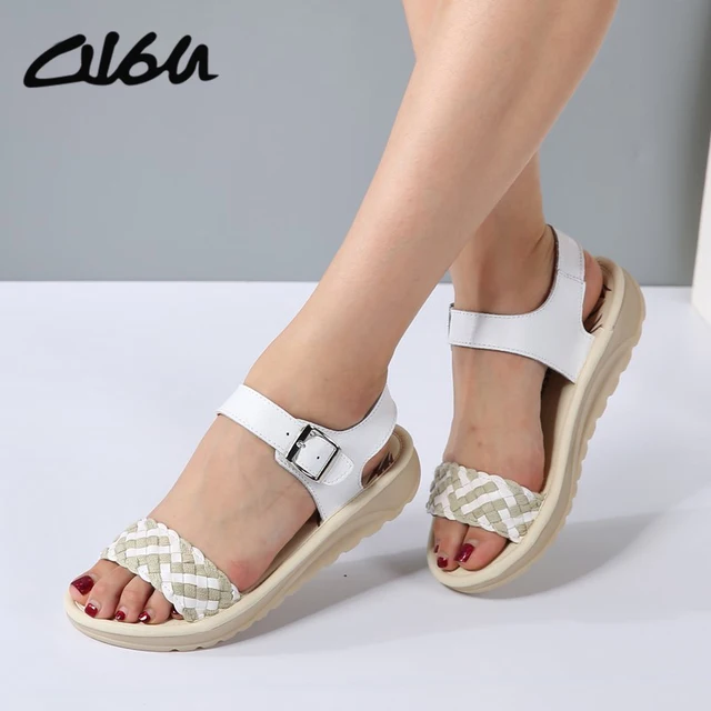 O16U Women Casual Sandals Shoes Leather Buckle Low Heels Soft Sole Weave Ladies Cute Flats Sandals Female Leisure Summer Shoes