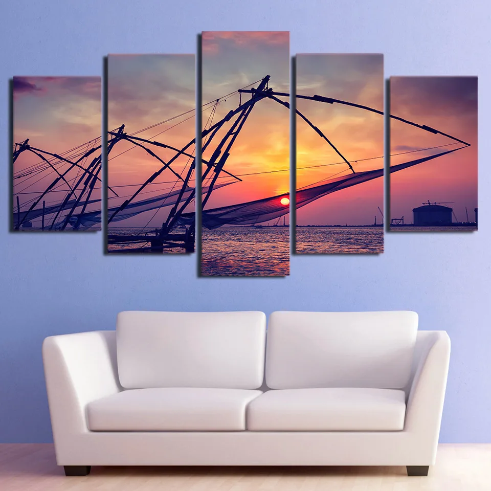 

Painting Wall Art Modular Poster HD Printed 5 Panel Dusk Bay Sailing Boats Living Room Pictures Home Decor Canvas Modern Frame