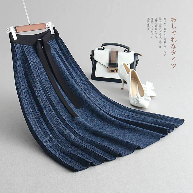 

2018 autumn and winter skirt new belt pleated skirt flower yarn knitted A-line knit skirt