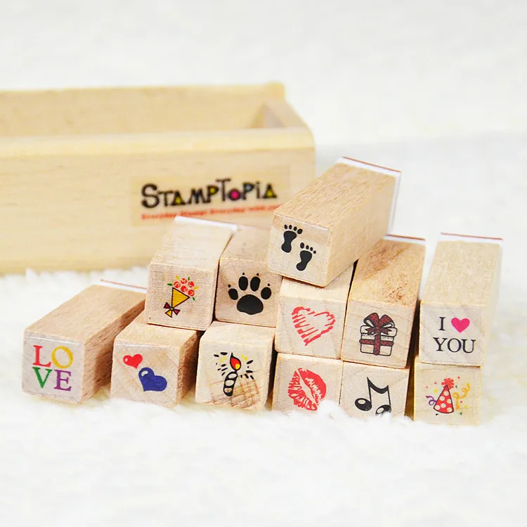 

12 pcs/set DIY Cute Cartoon Fashion Wood STAMPTOPIA Stamps for Diary Scrapbooking Decoration wooden seal Free shipping