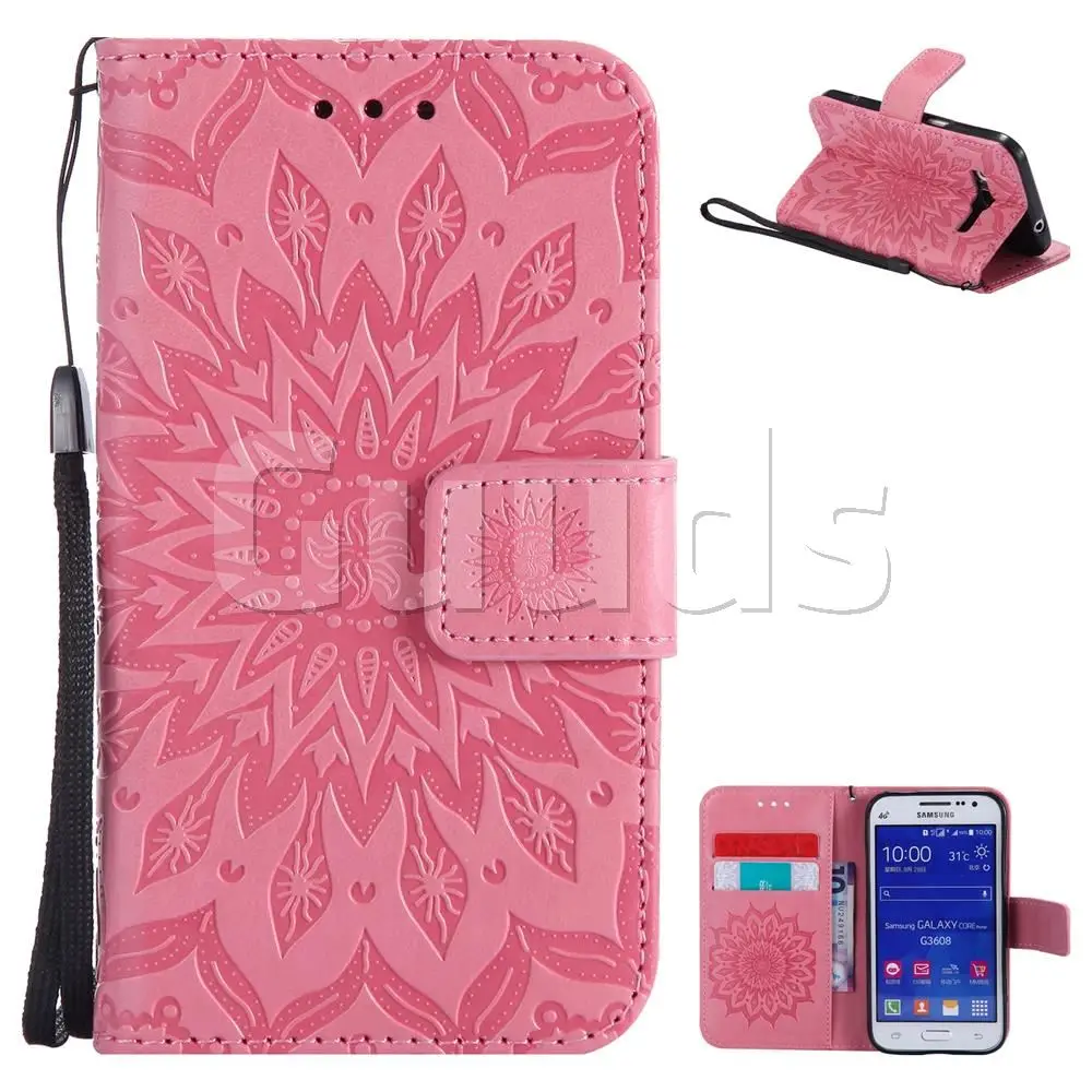 Embossing Sunflower Leather Wallet Case for Samsung Galaxy Core Prime G360 - Pink