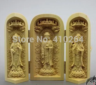 

[old craft ] Boxwood carvings, ornaments Western Saha Guanyin Buddha Matsu God three open boxes decorations