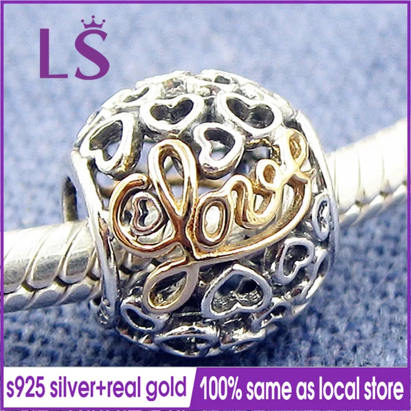 

LS 100% S925 Silver and 1.4.k Real G.old Message of Love Bead Charms Fit Original Bracelets Pulseira 100% Same.Fine Jewelry N