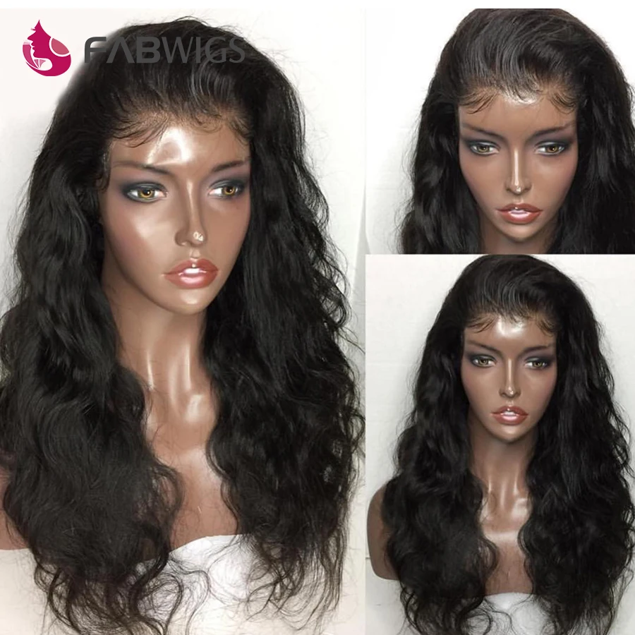 Fabwigs 13x6 глубокая часть фронта шнурка человеческих волос парики предварительно сорванный бразильский объемный волнистый парик шнурка с детскими волосами черный для женщин