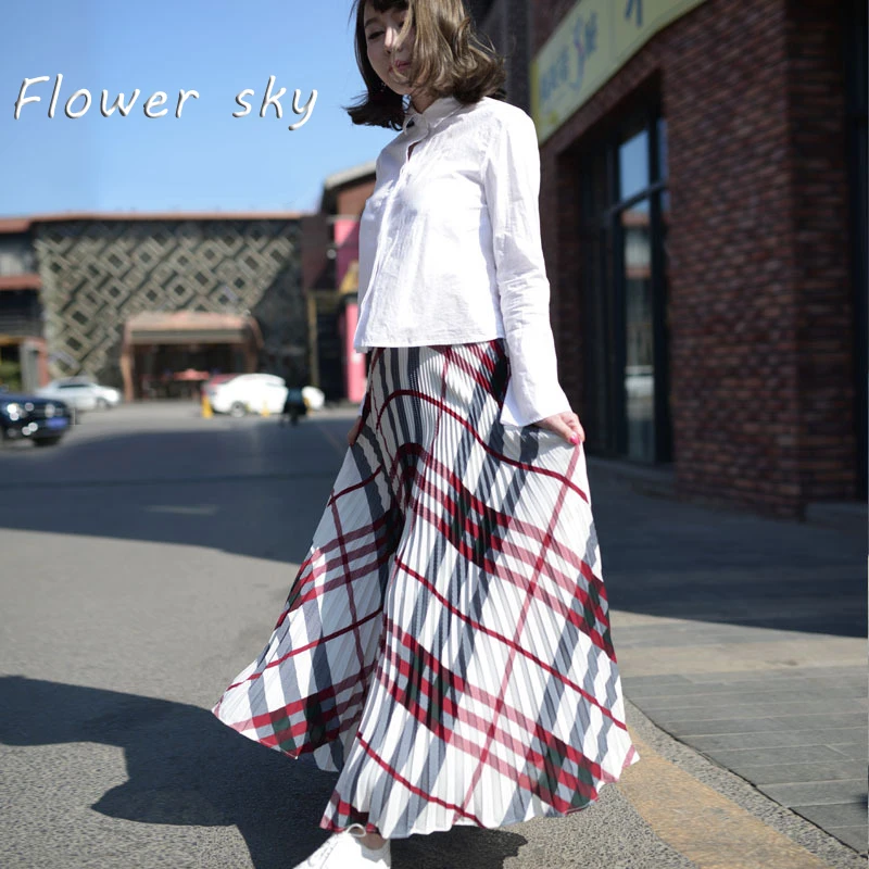

FLOWER SKY Spring Summer Autumn Women Plaid Maxi Skirt vintage Retro High Waist Pleated Long Skirts elegant Party Jupe Saia