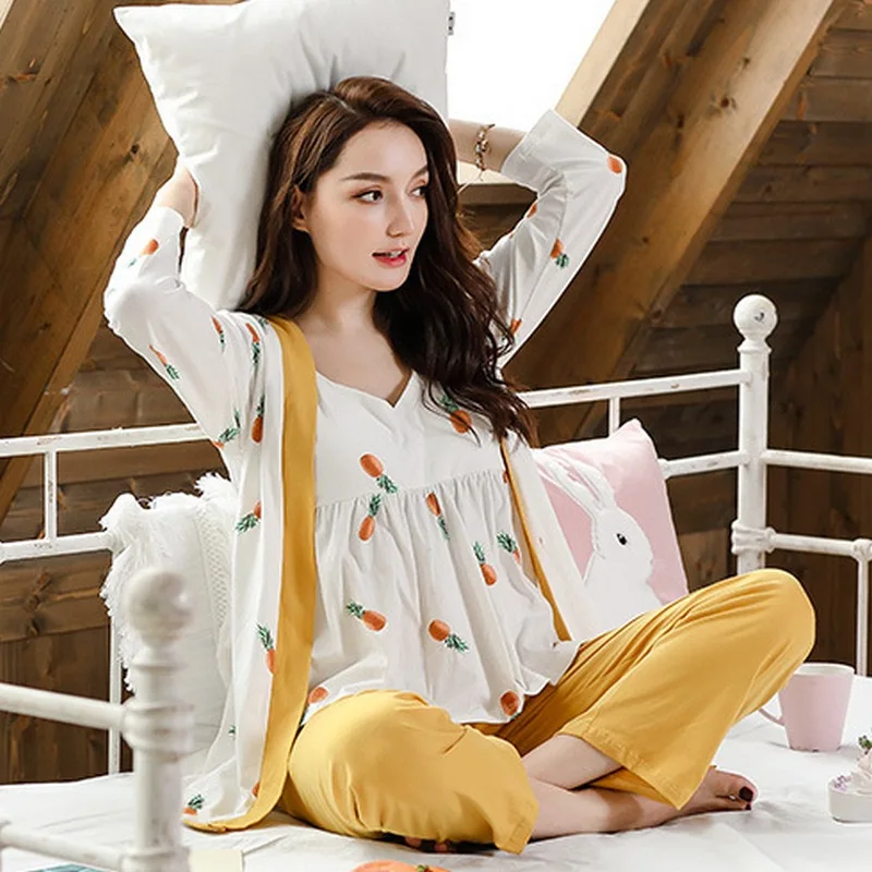 3Pcs/Set Maternity Sleepwear Spring Autumn Breastfeeding Pajama Fashion Cotton Sling Three-Piece Cardigan Pregnancy clothes A267