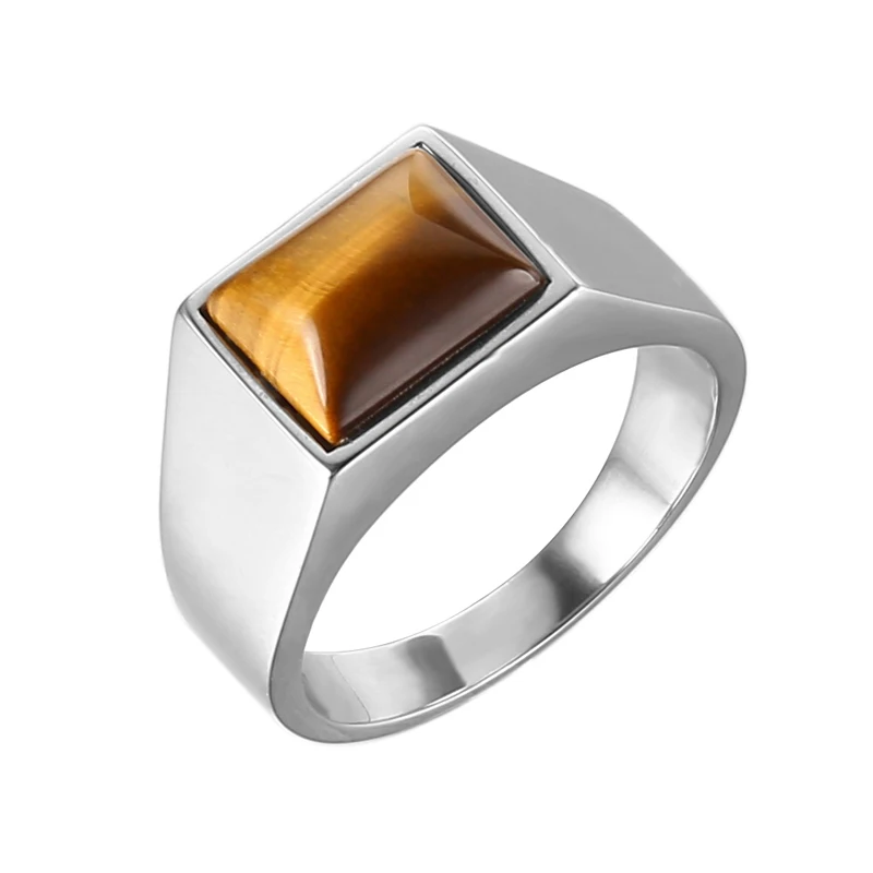

316L Titanium Stainless Steel Square Natural Tiger Eye Stone Ring Rectangle Men Signet Sliver Rings Men Fashion Gift Jewelry