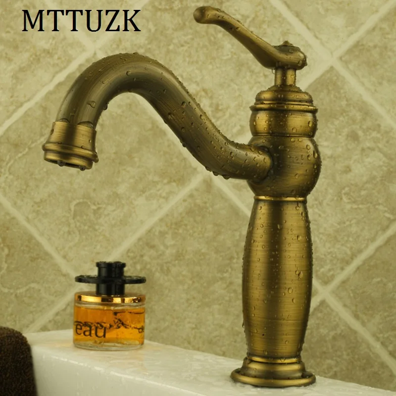 MTTUZK antique brass single handle long neck basin faucets bathroom