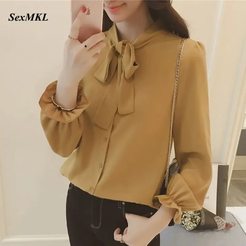 

SEXMKL Plus Size Womens Tops and Blouses 2019 Harajuku Spring Long Sleeve Bow Neck Blouse Korean Blusa White Chiffon Women Shirt