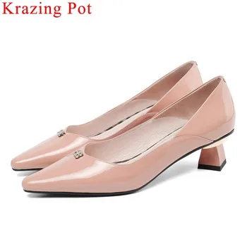 

Krazing Pot big size strange style med heels full grain leather slip on women pumps vintage square toe crystals dress shoes L5f5
