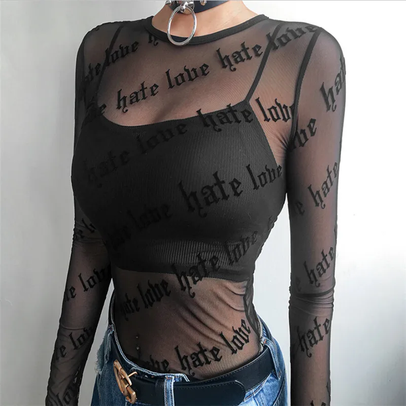 

2019 New Sexy Women Fashion Casual Chic Summer T Shirt Tees Top Long Sleeve See-Through Slim Mesh Letter T Shirt Party Clubwear