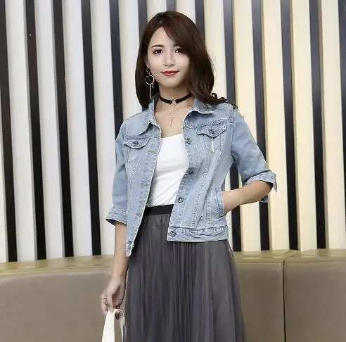 

Large size 5XL large denim jacket women's 2018 spring Slim cotton smooth washed long-sleeved light blue denim jacket jacket