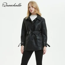 Queechalle Осенняя Женская куртка пальто женская искусственная мягкая pu кожаная куртка с поясом воротник-стойка Свободная верхняя одежда черный